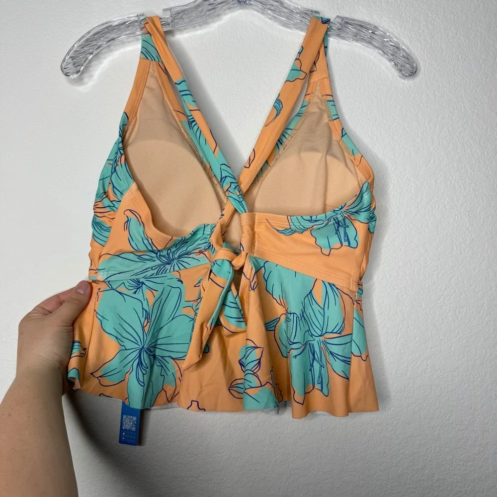 Cupshe Peach Orange Teal‎ Blue Floral Peplum Tankini Swim Top Size 0X NEW